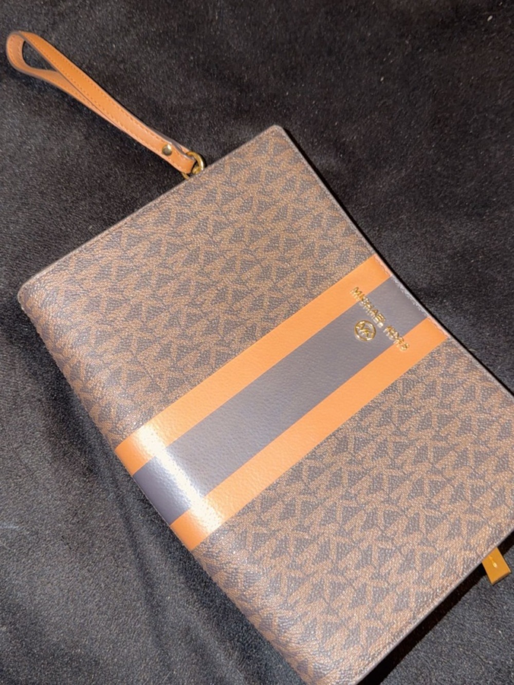 Michael Kors Brown Monogram Wristlet with Orange and Gray Stripes